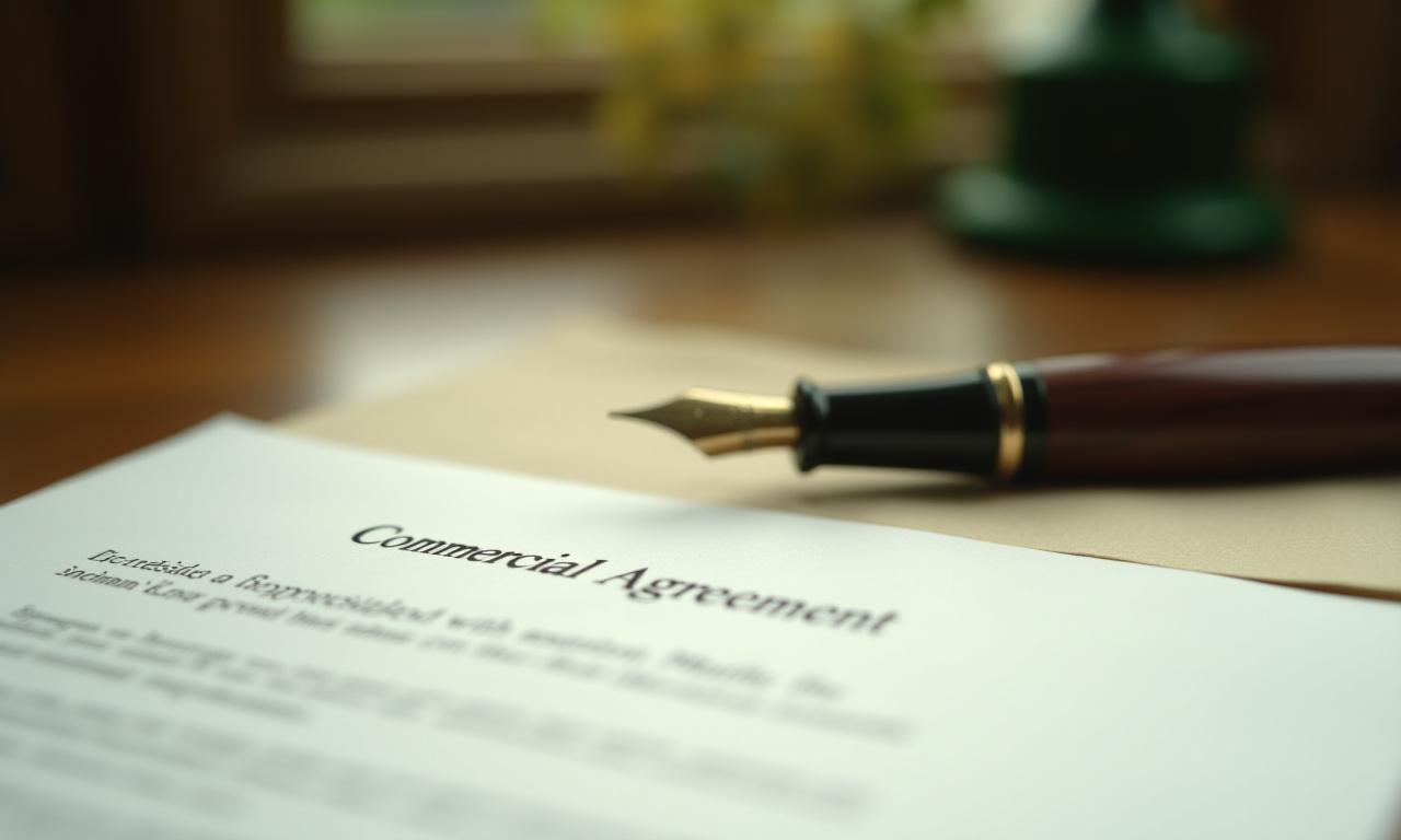 Close up of professional legal documents and fountain pen on a mahogany desk